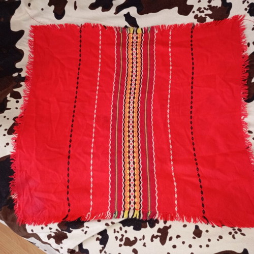 Folk tablecloth used, square soft with traditional Bulgarian motifs and fringes