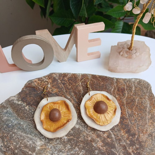 Handmade polymer clay earrings, beige and gold
