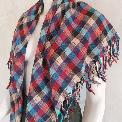 Vintage Jack & Jones scarf square fringed multicolor plaid like new