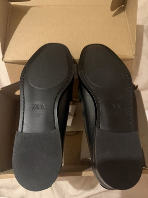 Zara black leather loafers with gold hardware, size EU 37
