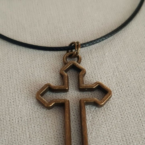 Cross necklace handmade, new, bronze with black strap