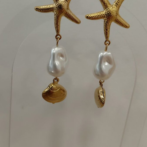 Stainless Steel Earrings with Pearl and Starfish Shell Elements new