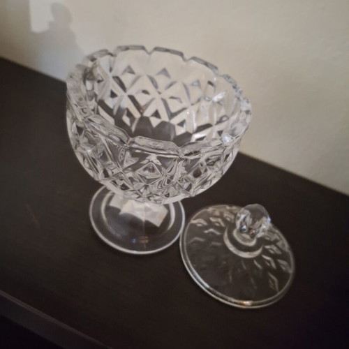 Decorative glass small fondue bowl with lid and foot