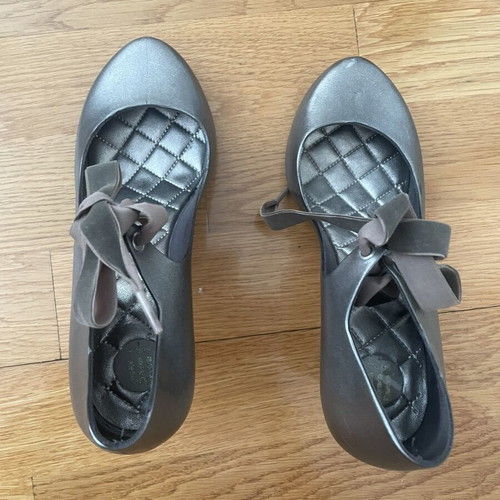 Melissa pumps like new, metallic gray with ankle ribbon, size 38