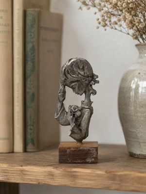 Vintage Italian pewter figurine girl with flowers on wooden base