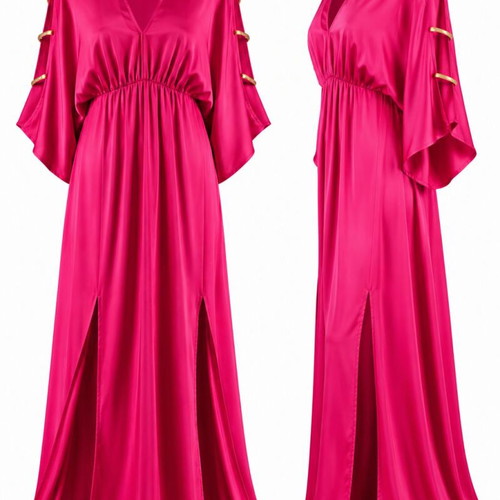 Fuchsia satin maxi dress XL–3XL like new with gold details