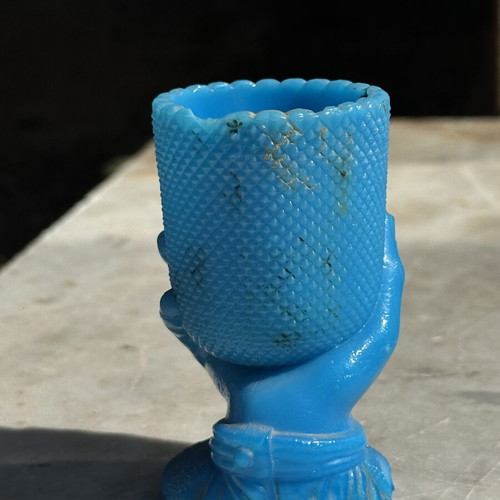 Vintage Blue Opaline Hand-Shaped Glass Used Decoration