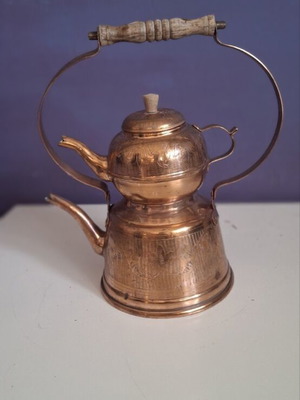 Vintage copper double teapot (Çaydanlık) with wooden handle handmade