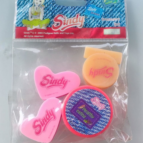 Sindy school stationery set new, includes 2 erasers, sharpener, and clip