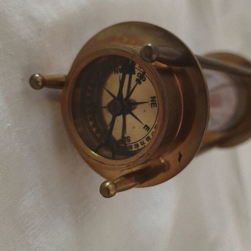 Vintage decorative hourglass 13cm with built-in nautical compass