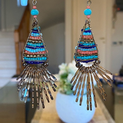 Funky Jewel ethnic dangle earrings new, multicolor and gold-tone