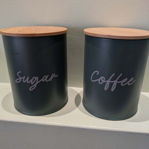 Metal storage boxes with baboo lid, new, for sugar and coffee