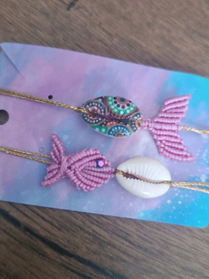 Macrame bracelet set fish and mermaid tail with shells new