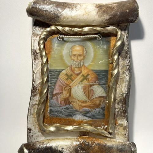 Saint Nicholas wax icon new, handmade 19-20 x 25-26 cm