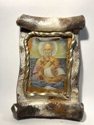 Saint Nicholas wax icon new, handmade 19-20 x 25-26 cm