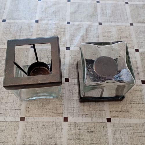 Set of square glass decorative tealight lanterns with dark metal frame