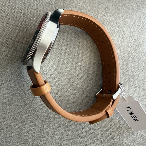 Timex Waterbury Traditional GMT watch new, black dial, brown leather strap