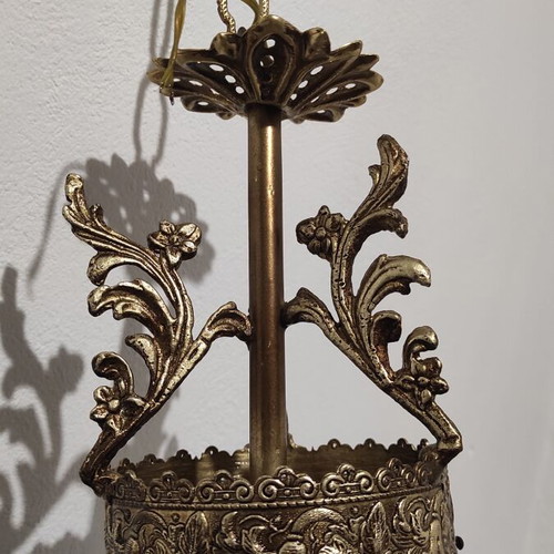 Vintage pendant light used, aluminum and painted opaline