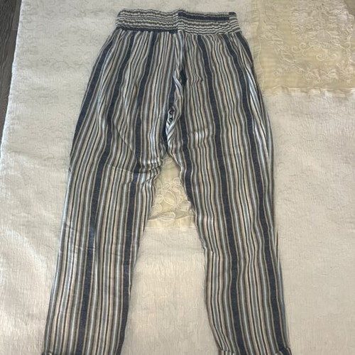 Linen wide-leg pants, striped, elastic waist, size S