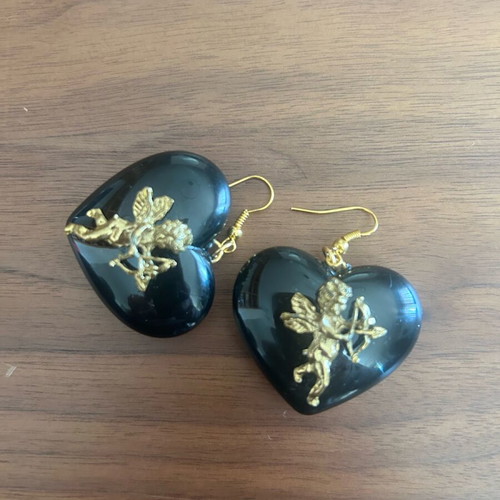 Vintage heart-shaped dangling earrings with embossed angels like new