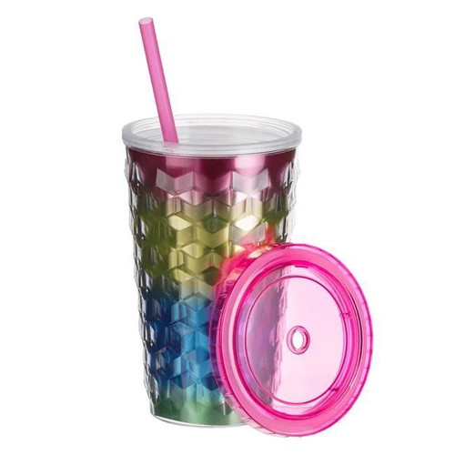 Set of 2 Plastic Cups with Fuchsia Lid and Rainbow Straw 500ml new