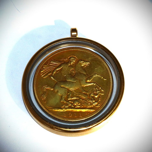 English Gold Pound Pendant 22K Gold Plated in Glass Case