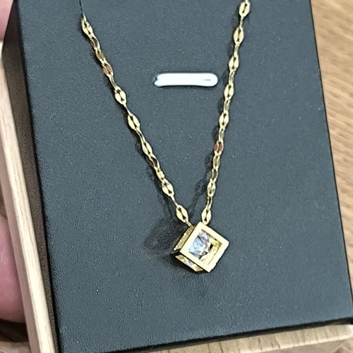 Gold Color Necklace with Geometric Cube Pendant and White Zircon Stone