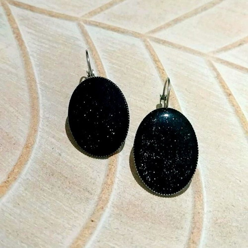 Handmade steel oval earrings with black iridescent liquid glass new