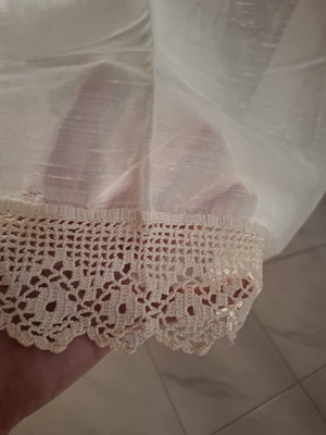 Beige curtain with handmade lace trim, linen silk fabric