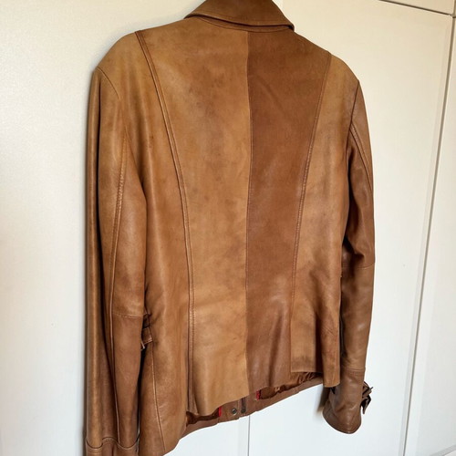 Lapel leather jacket used, brown, size medium