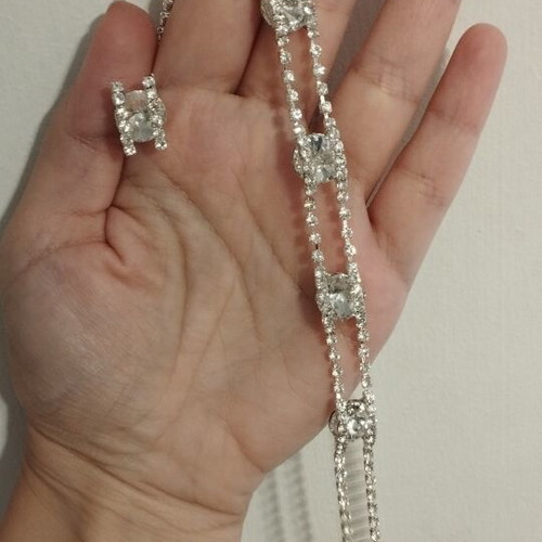 Evening jewelry set necklace-lariat and earrings with strass, new, silver-tone