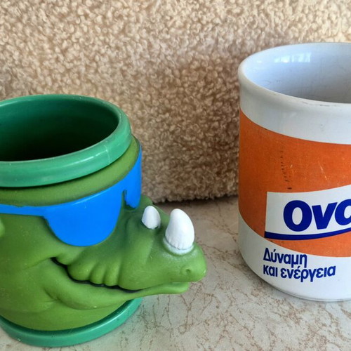 Ovaltine vintage mug and dinosaur mug set