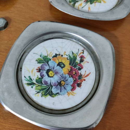 Vintage metal coasters with porcelain like new