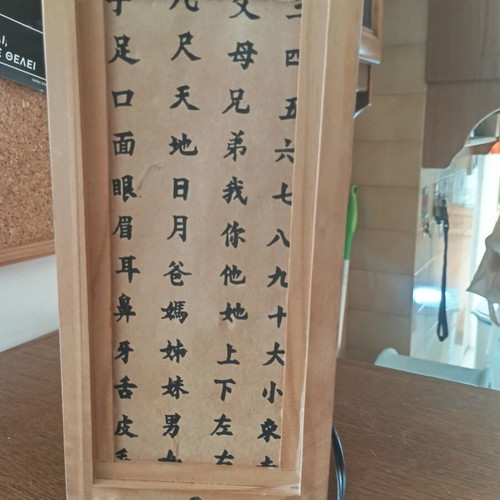 Floor lamp like new with wooden decorative panel and Asian characters