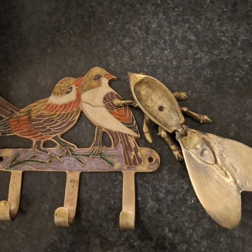 Vintage brass enamel wall decor for birds, vintage bronze box and decorative spoon used