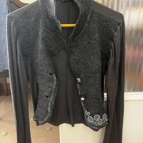 Boho asymmetrical Zuiki cardigan used, charcoal black, floral details