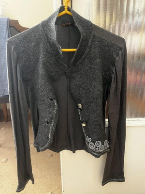 Boho asymmetrical Zuiki cardigan used, charcoal black, floral details
