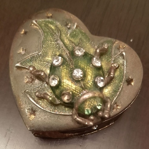Heart jewelry box used, mini, ornate with leaf and beetle