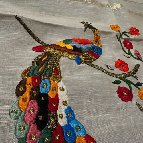 Vintage table runner with colorful peacock embroidery and gold stripes like new