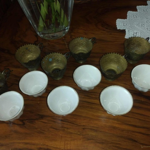 Vintage brass cups with porcelain used, set of 6 pieces