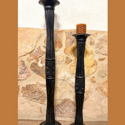 Set of 2 wooden floor candlesticks used, vintage neoclassic style