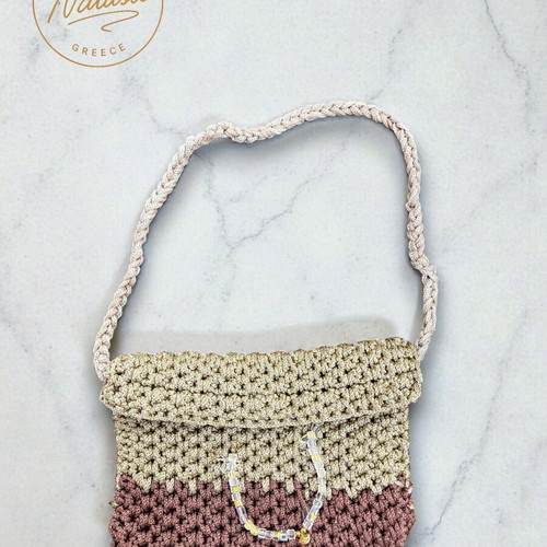 Handmade knitted shoulder bag beige and pink, new