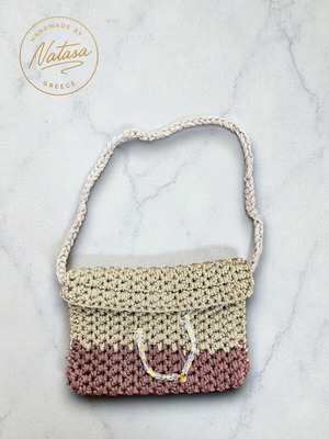 Handmade knitted shoulder bag beige and pink, new