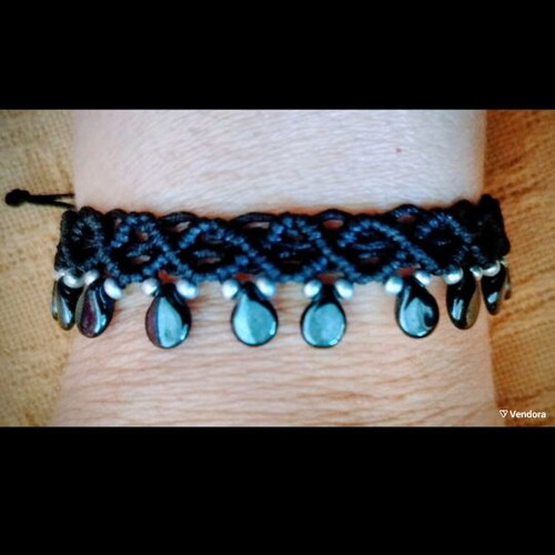 Boho Glam Macrame Bracelet with Black Drops like new, adjustable handmade
