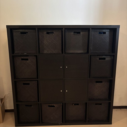 Kallax storage unit 4x4 with fabric boxes and doors, like new