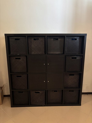 Kallax storage unit 4x4 with fabric boxes and doors, like new