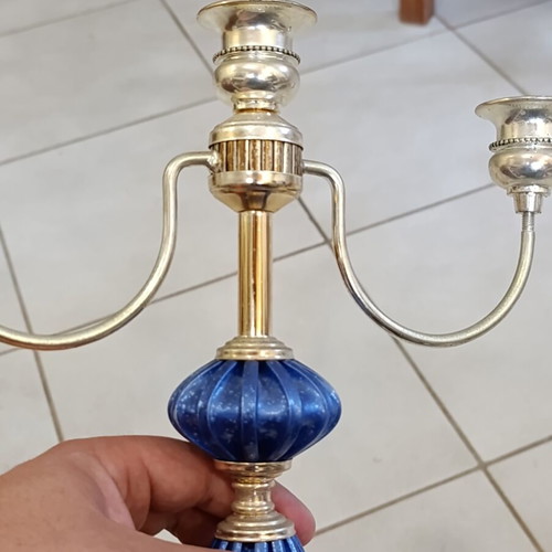Vintage three-arm candlestick with blue detail