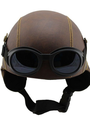 Motorcycle Helmet Pilot Vintage Brown with Glasses
