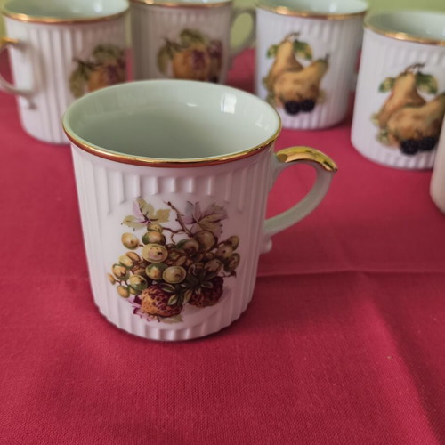 Vintage porcelain coffee or tea mugs with gold trim and fruit design, set of 6