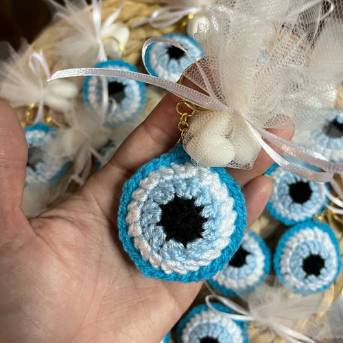 Evil eye favor handmade crochet with gold keyring and tulle